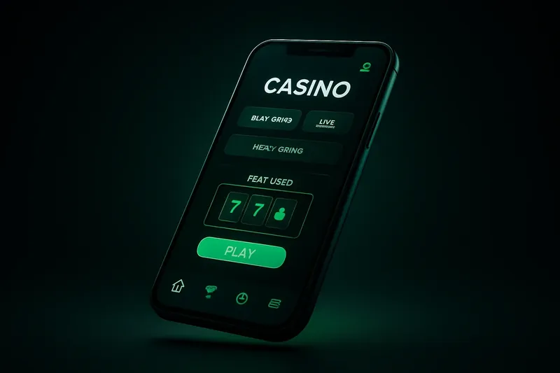 Casino App Showcase Modern smartphone showing dark premium casino app UI with green glow