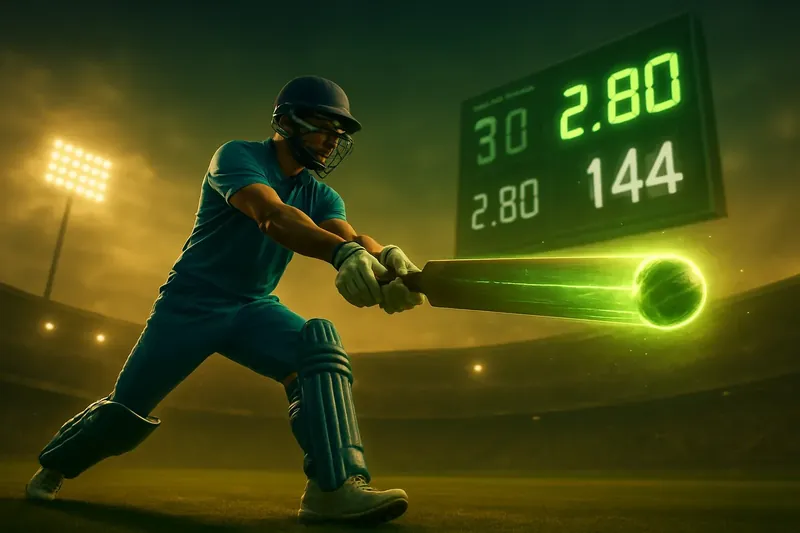 Cricket Power Shot Batsman in blue jersey hits powerful shot with neon ball trail