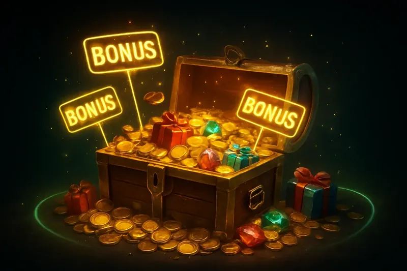 Bonus Treasure Chest Golden treasure chest bursting with coins, gems, gifts, and glowing bonus tags