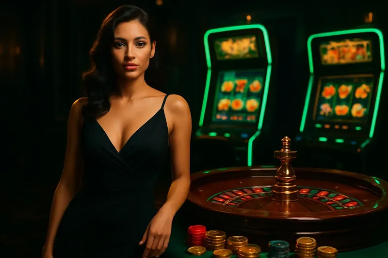 Luxury Casino Banner Confident woman in evening dress near roulette and slot machines in luxury casino