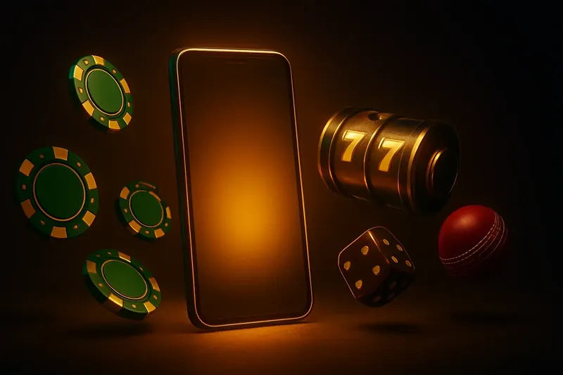 Glowing smartphone with floating casino chips, dice, slot reels, and cricket ball
