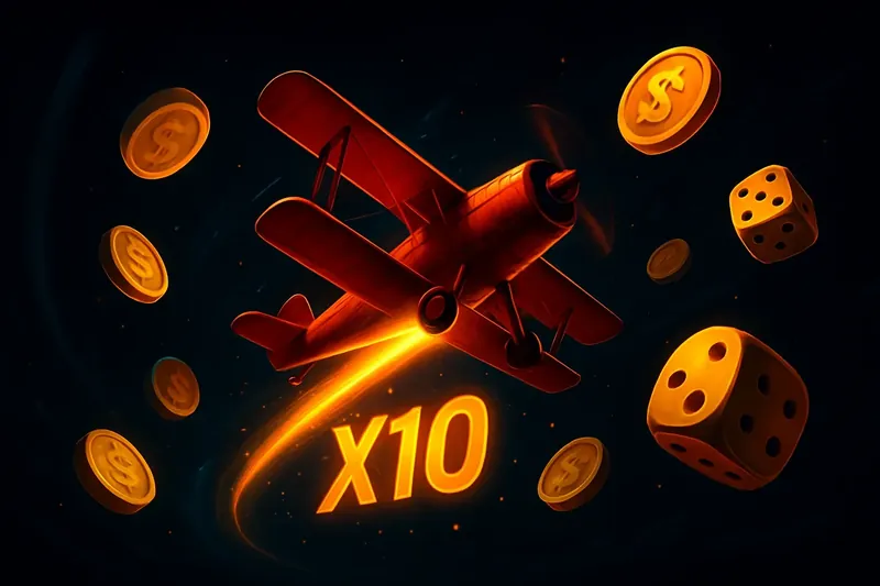 Aviator Crash Game Scene Red airplane soaring with glowing multiplier trail, coins and dice floating