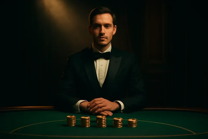 Elegant Live Casino Professional dealer behind green felt table with golden chips under spotlight