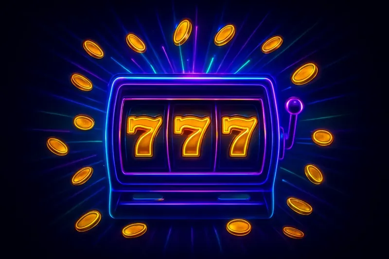 Jackpot 777 Explosion Slot machine jackpot with golden 777, coins, and neon light beams